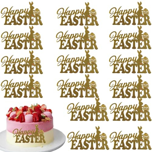 16 PCS Gold Easter Cake Toppers,Rabbit Egg Letter Acrylic Cupcake Toppers Side Cake Decorations,Easter Decorations Birthday Party Supplies