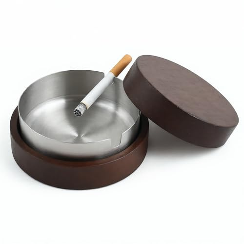 Solvio Wooden Ashtray with Lid Smell Proof - Windproof Outdoor Ashtray with Stainless Steel Liner for Indoor Home Office Garden, Cool Bamboo Ash Tray for Cigarettes