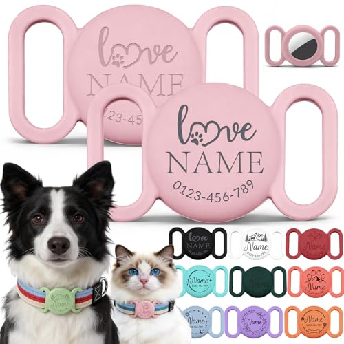 Custodia per collare per cani personalizzata compatibile con AirTag con nome e numero di telefono incisi - Porta targhetta identificativa personalizzata per animali domestici, custodia protettiva in