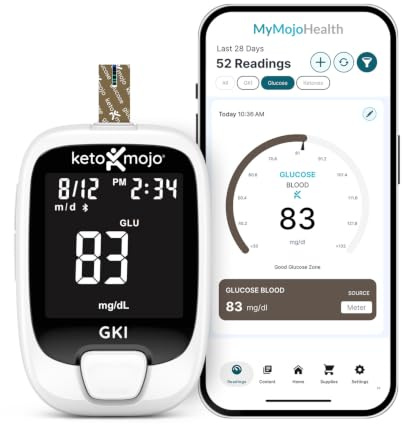 Keto-Mojo GK+ Blood Glucose Monitor Kit with 70 Glucose Test Strips – At-Home Diabetes Glucometer, Testing Bluetooth Blood Sugar Meter with App Tracking