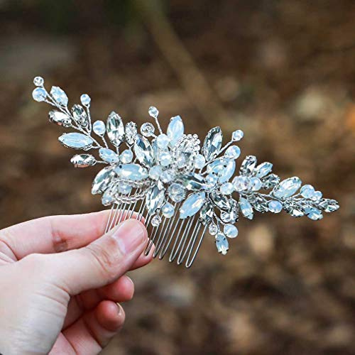 Handcess Bride Wedding Rhinestone Hair Comb Silver Opal Crystal Hair Pieces Bridal Hair Accessories for Women