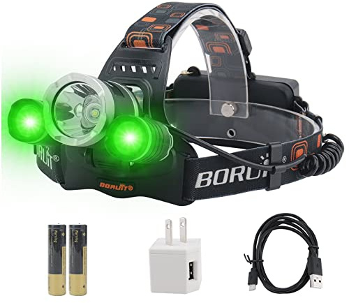 BORUIT RJ-3000 LED Green Headlamp,3 Modes White and Green LED Hunting Headlight,Super Bright USB Rechargeable Tactical Head lamp for Fishing Running Camping Hiking