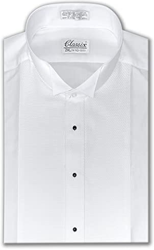 OmegaTux Herren Piqué-Flugkragen Smokinghemd Cabrio Manschetten - Weiß - Large(16-16.5) 34-35 Ärmel
