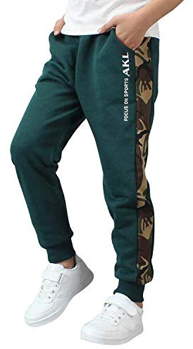 De feuilles Träningsbyxor för pojkar barn byxor ledig joggingrand med elastiskt bomullsrep med ficka, Färg: grön, 11-12 ans