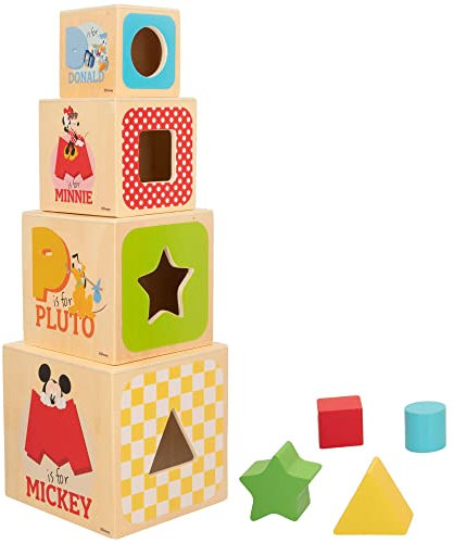WOOMAX 48738 - Stapelbare hölzerne Babywürfel, Disney Tower, Mickey und Minnie Spielzeug, Lernspiel, Montessori, frühe Kindheit, ab 12 Monaten, Kindergeschenke