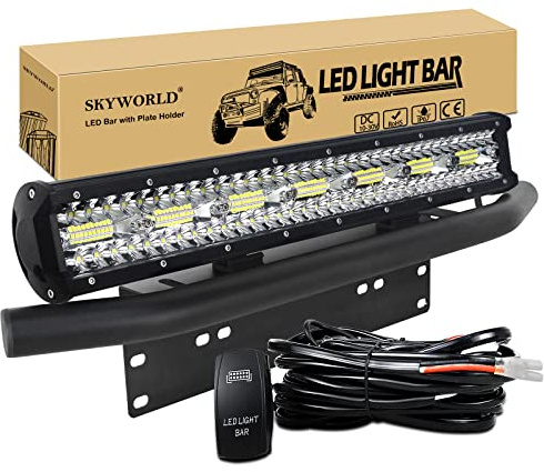 SKYWORLD 50.8 cm 420W LED Arbeitsscheinwerfer Bar 12V 24V Spot-Flood-Kombistrahl Zusatzscheinwerfer mit schwarzer Kennzeichenhalterung Rocker Switch Kabelbaum-Kit für LKW PKW ATV SUV 4x4 LKW Coche | Dreireihige Spot Flood Led Zusatzscheinwerfer Bar, 12V Wippschalter Kabelbaum Kit für Auto Offroad LKW PKW ATV SUV 4x4