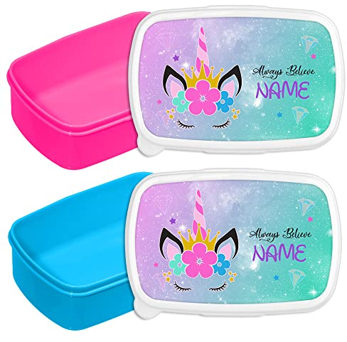 EnvyFone Personalised Lunch Box - Unicorn - Always Believe - Kids School Sandwich Picnic Snack Packed Lunch Container Food Bag Girls Gift