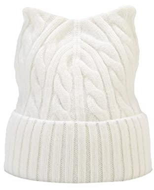 Orbgons Katzenohr-Hut, niedliche Katzen-Strickmütze, Winter-Strickmütze mit Zopfmuster für Frauen und Babymütze Junge Winter (White, One Size)