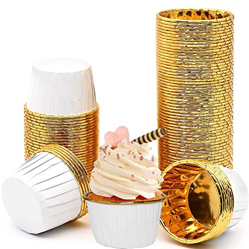 Moldes para muffins, capacillos de papel para cupcakes, capacillos antiadherentes para hornear, para hornear, cumpleaños, bodas y fiestas(blanco y dorado, juego de 50)