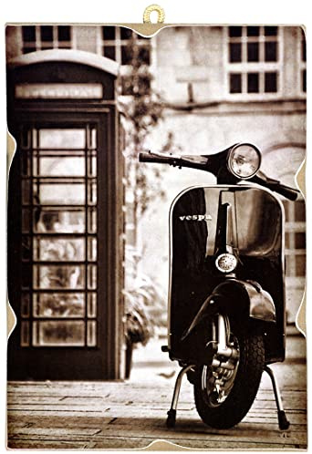 KUSTOM ART Bild im Vintage-Stil, Serie Motorrad, Moto und Telefonkabine, Druck auf Holz, 25 x 18 cm, Dekoration für Restaurants, Pizzerien, Bars