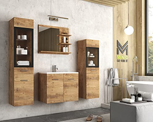 MINIO go for it - Badezimmermöbel Set Marit 1 Spiegel mit Regal ohne LED | Schrank mit Waschbecken, Laminierte Spannplatte, Farbe: Kastanien Breslau