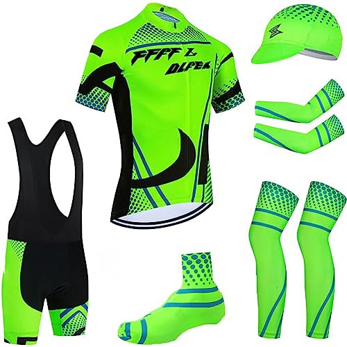 FFFF & OLFEH Herren Fahrradbekleidung Set Kurzarm Herrentrikot Radhose Radtrikots, 3 Gesäßtaschen, feuchtigkeitsableitend, kurzärmelig, schnell trocknend, 6-teiliges Set (A8,XXL)