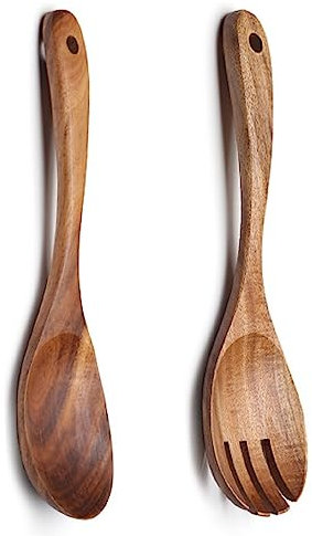 Bafnsiji 2 Stück Holz Salat Server, Löffel & Gabel Besteck Set, natürliche Holz Zange, Obst & Holz Salatschüssel Geschirr, handgemachte Salat Gabel Löffel