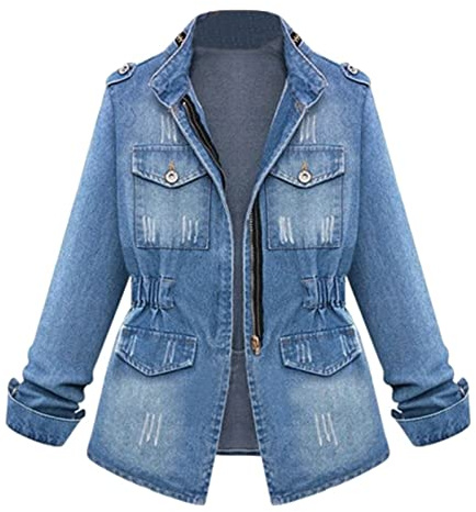 AnnSemo Veste en jean pour femme - Chemisier décontracté à manches longues et fermeture éclair - Cardigan péplum vieilli déchiré - Haut d'entraînement surdimensionné, Bleu 1, M