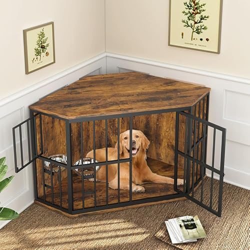 ROOMTEC 134,6 cm Möbel Hundekäfig Ecke, Hundehütte Ecktisch Holz Beistelltisch mit Schüssel, Indoor Pet Crates Corner Beistelltisch für Hunde, Breite Oberseite Perfekt für begrenzten Raum