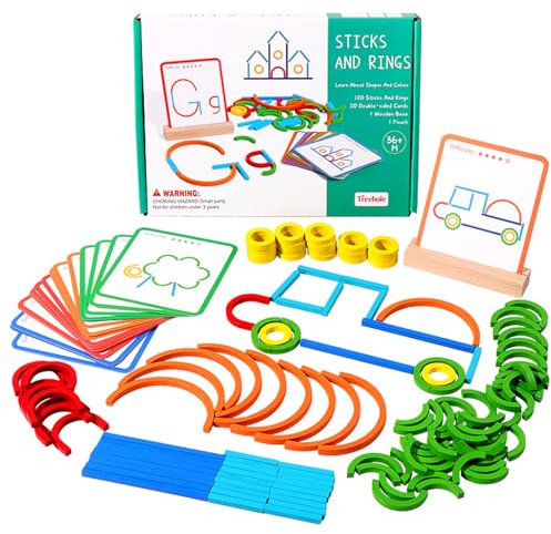 BRISKORE Montessori Spielzeug ab 3 Jahre, Lernspiele ab 4 Jahre 120 Holz Sticks & Ringe 20 Karten, Kinderspielzeug Holzpuzzle ab 3 Jahre, Kindergarten Spielzeug 3 Jahre Toys Steckpuzzle ab 3 Jahre
