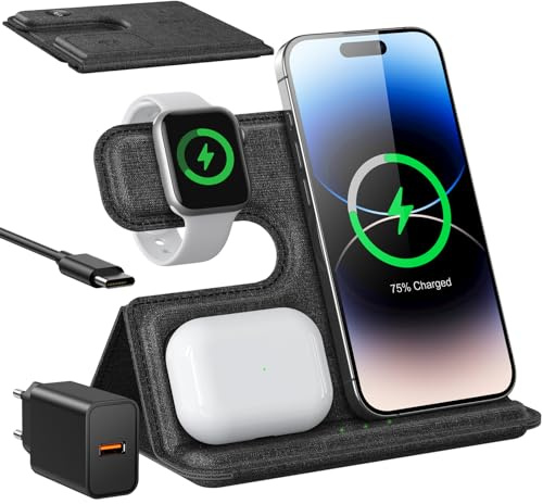 AGPTEK 3 in 1 Faltbare induktive Ladestation, Wireless Charger, kabelloses Ladegerät kompatibel mit iPhone 15/14/13/12/Huawei/Xiaomi/Samsung, iWatch/AirPods/Galaxy Buds, 18W Stecker, Dienstreise