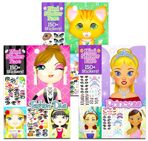 Create a Face Sticker Books 5x7 Bulk Set for Kids, Toddlers Ages 4-8 - Bundle with 450+ Stickers 75 Sticker Sheets | 3 Sticker Pad Activity Books Girls Featuring Princess, Pets, and Diva