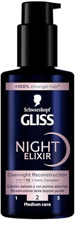 Schwarzkopf Gliss Night Elixir Siero Ricostruzione Notturna 100ml, Siero capelli con HAPTIQ System e Complesso Ionico, Prodotti per capelli danneggiati e con doppie punte