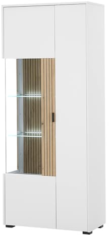 Lomadox Vitrinenschrank Vitrine Standvitrine Glasvitrine LED Beleuchtung Glasböden weiß matt Eiche Rillen 75x180x38 cm