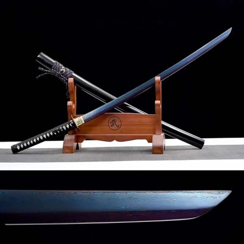 【Schönheit der Kalter Waffen】 103cm Katana mit eisernem Handschutz,gemusterte gegrillte Blaue Klinge aus Stahl,Samurai Schwerter für Kendo,Laido,Cosplay,Dekor,Geschenke,Sammeln,Ausstellen,Kampfsport