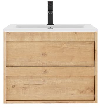 UEV Waschtisch mit Unterschrank, Waschbeckenunterschrank 60cm hängend, mit Soft-Close-System, Waschplatz, Aufsatzwaschbecken, Badezimmmer Möbel für Gäste WC, Badmöbel Set für Badezimmer, Natur