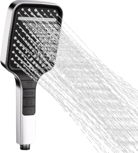 Pomme de Douche 7 Types de Jets Avec Bouton D'arrêt et Buse Anticalcaire - Augmentation de La Pression et Fonction D'économie D'eau (Argenté, Chrome)
