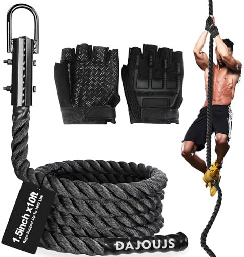 DAJOUJS Climbing Rope 1.5 Inch Diameter 10FT Length Gym Climbing Rope for Workout Fitness & Strength Training, Gym Rope, Exercise Climbing Rope in Black for Adults or Kids Outdoor & Indoor