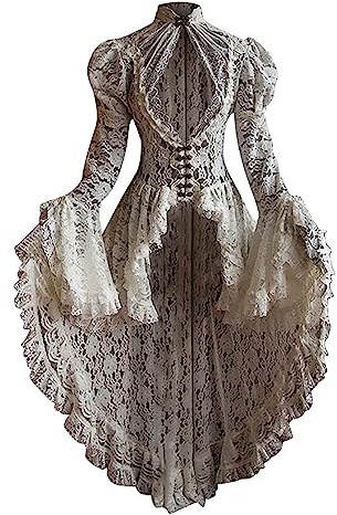 Women's Victorian Gown Princess Costume Renaissance Dress High Low Hem Ruffle Crochet Dress Vintage High Waist Flare Sleeve Court Cosplay Lace Dress Tailcoat Gothic Medieval Dress Clearance