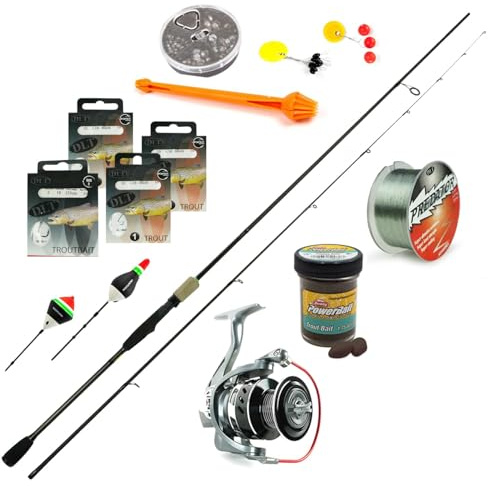 DLT Kit de pêche à la truite Super Complet - Canne à pêche & Moulin - Ligne de pêche - 14 Pièces - Laisser - Accessoires - Pâte à truite