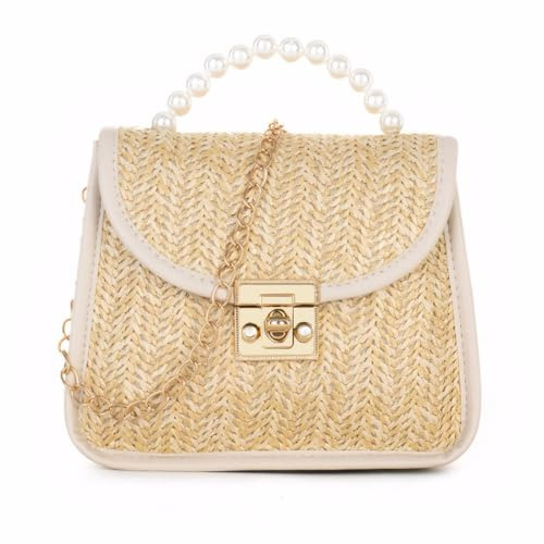 TOFBS Bolso Mujer Bandolera de Paja Bolso Mano Tejido Bolsa Hombro Bolsillos Casual Crossbody para a Playa Verano Escuela Viaje Uso Diario (Blanco)