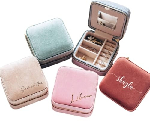 Schmuckkästchen aus Samt, personalisierbar, kleiner Reise-Schmuckkoffer, stapelbar, Schmuck-Organizer-Box, personalisiertes Geschenk für Mädchen, Frauen, Geburtstag, Brautjungfer, Hochzeit