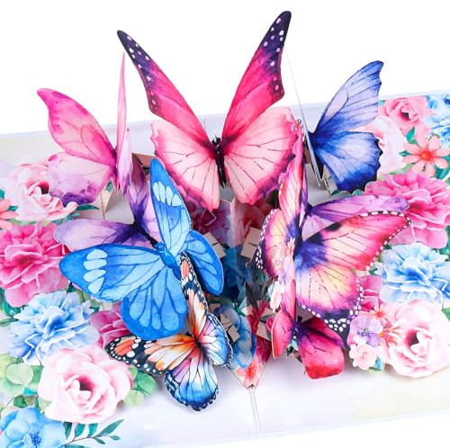 Ghope Geburtstagskarte Pop Up Grußkarten, 3D Pop Up Karte Schmetterlinge auf Blumen mit Umschlag - 3D Schmetterlingskarte für Frau, Freundin & Mutter (Gute Besserung, Karte Danke, Jahrestag)