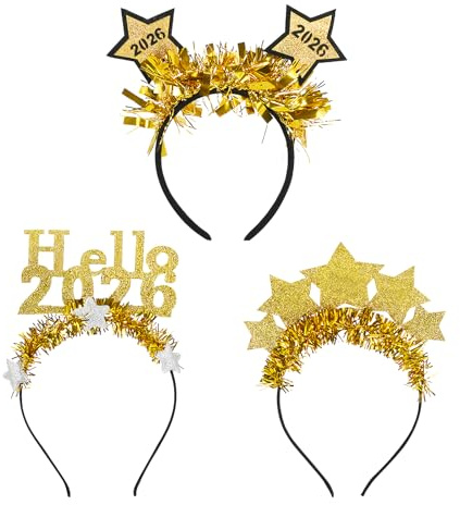Epokus 3 Stück Silvester Haarreif, 2026 Happy New Year Haarreifen, Gold Stern Neujahr Stirnband, Silvester Kopfschmuck für Erwachsene 2026 Silvesterparty Haarschmuck Neujahrdeko