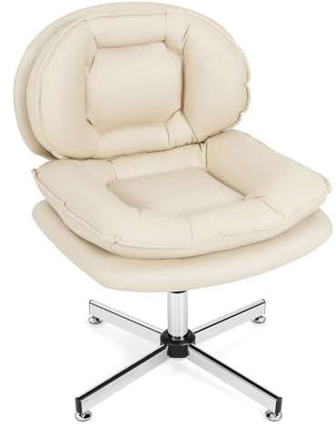 COSTWAY Chaise de Bureau en Tissu Leathaire, Fauteuil de Direction avec Pieds en Métal Croisés, Chaise d'Ordinateur avec Dossier et Siège Doublement Rembourrés, Hauteur Réglable, Beige