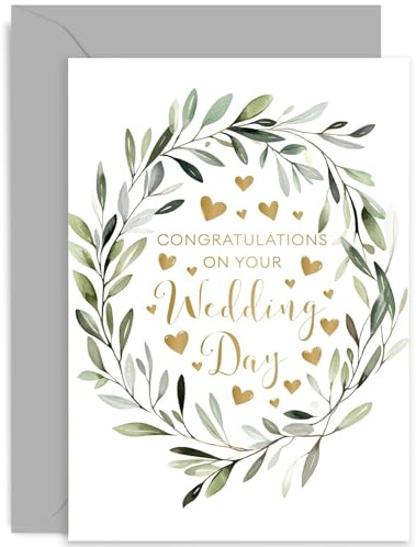 Special Wedding Day Card for Couple - Olive Tree Wreath Gold Wedding Day Card for Bride and Groom - Stylish Design for Friends and Family | Blank Inside