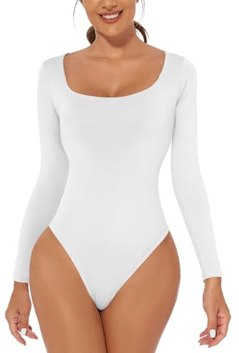 ONEW Body Femme à Manches Longues sous-Vêtement Basique Col Carré Bodysuit String Chemisiers Blouses Respirant Blanc M