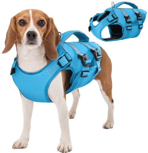 Kuoser Schwimmweste Hund mittel, Hundeschwimmweste mit Griff, Blau L | Rettungswesten für Hunde mit Reflektierend, Verstellbare Hunde Schwimmweste für mittelgroße Hunde mit Verbesserter Auftrieb