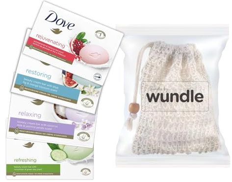 Wundle Bundle Soap Saver Peeling-Beutel mit 4 x Dove's feuchtigkeitsspendenden Seifenstäbchen (Multi-Scent Pack)