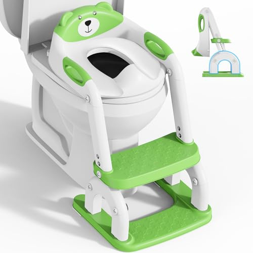 Potty Training Toilet, Adjustable Toddler Toilet Seat and Step for Kids, 2 in 1 Toilet Steps for Toddlers,Non Slip & Space Efficient & Splash Guard (Green)