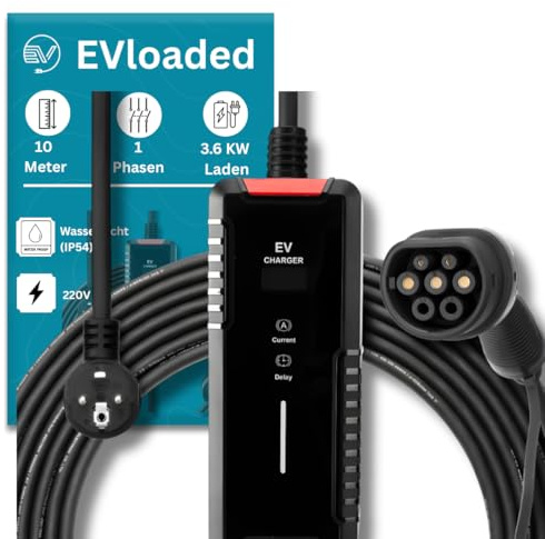 EVloaded | Tragbares Typ-2-Ladekabel mit Display, Haushaltsstecker, 10m, 16A, 220V, Phase 1, 3.6kW für Elektroauto