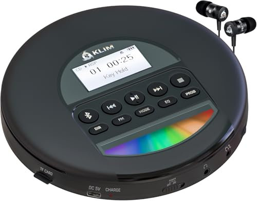 KLIM Nomad CD Player Bluetooth - Tragbarer CD-Player Discman mit langlebigem Akku - Inklusive Kopfhörer - CD-R, CD-RW, MP3 - Mit TF-Reader, Radio FM - Ideal für Autos - Portable CD Player Diskman