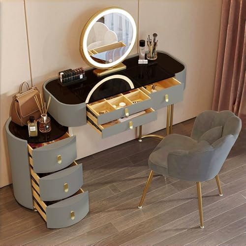 Dressing Table Set with LED Lights Mirror, Vanity Desk with 6 Drawers, Makeup Desk with Side Cabinet and High-Gloss Tabletop, Flexible Assembly, Flower Sofa Chair,Gray 39.4in