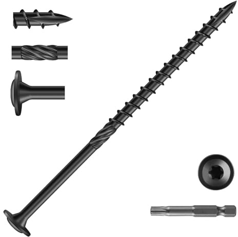 Wavanta 50Pcs Washer Head Wood Screws 6.3 x 125mm, Black Decking Screw | Torx Wood Screws, Heavy Duty Construction Structural Timber Screw, Rust Resistant Coated, with T30 Torx Bit