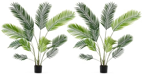 COSTWAY Lot de 2 Palmiers Areca Artificiels 140 cm avec Pots Remplis Ciment | Faux Arbres Tropicaux en Pot de Pépinière, Décorations Plantes pour Maison Porche Bureau