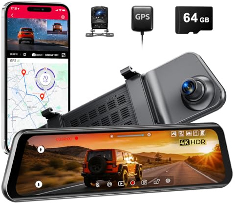 12 Zoll Rückspiegel Dashcam, 4K UHD Frontkamera & 2.5K Rückfahrkamera fürs Auto, mit ADAS BSD LCA Smart Mode, GPS, G-Sensor, Loop-Aufnahme, Parküberwachung, Sprachsteuerung