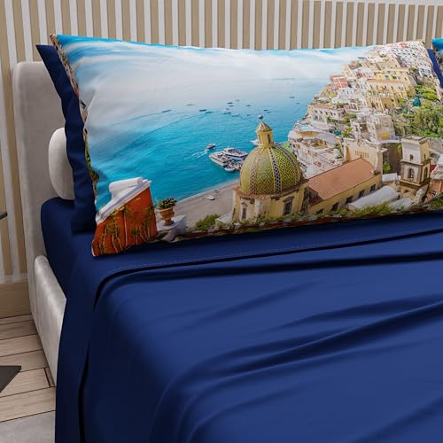 PETTI Artigiani Italiani - Lenzuola Matrimoniali Cotone con Federe in Stampa Digitale, Lenzuolo Completo Letto Matrimoniale Fantasia Positano Blu Elettrico, 100% Made in Italy
