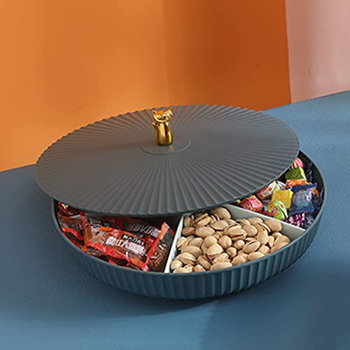 Plats de service ronds divisés à 5 compartiments avec couvercle – Plateau rotatif à 360° pour les fêtes – Plateau de fruits et légumes idéal pour le divertissement – Bleu
