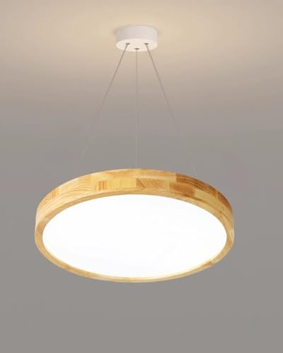 LED Pendelleuchte Holz Esszimmerlampe Dimmbar Hängelampe Einfach Modern Esstisch hängend Lampe Holz Acryl Rund Design Hängeleuchte mit Fernbedienung für Wohnzimmer Schlafzimmer Flur Küchenlampe (B)
