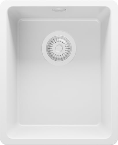 PRIMAGRAN Fregadero bajo Encimera al Mueble 40cm + Kit de desagüe, 36x44cm | Set: Kit de desagüe (sifón, válvula, rebosadero) + Venecia Easy 1 Seno para Cocina, Todo Blanco